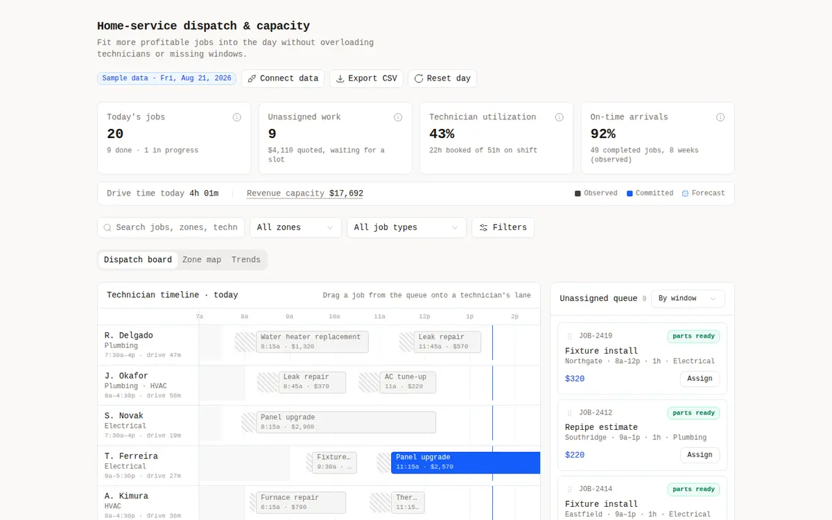 Home-Service Dispatch & Capacity interface preview